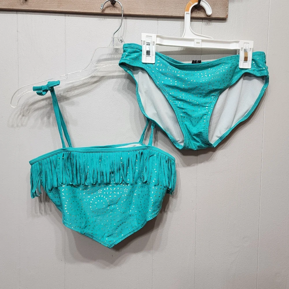 Clarabella Turquoise Bikini Teal Fringe Tankini Swim Beach‎ C368 C382